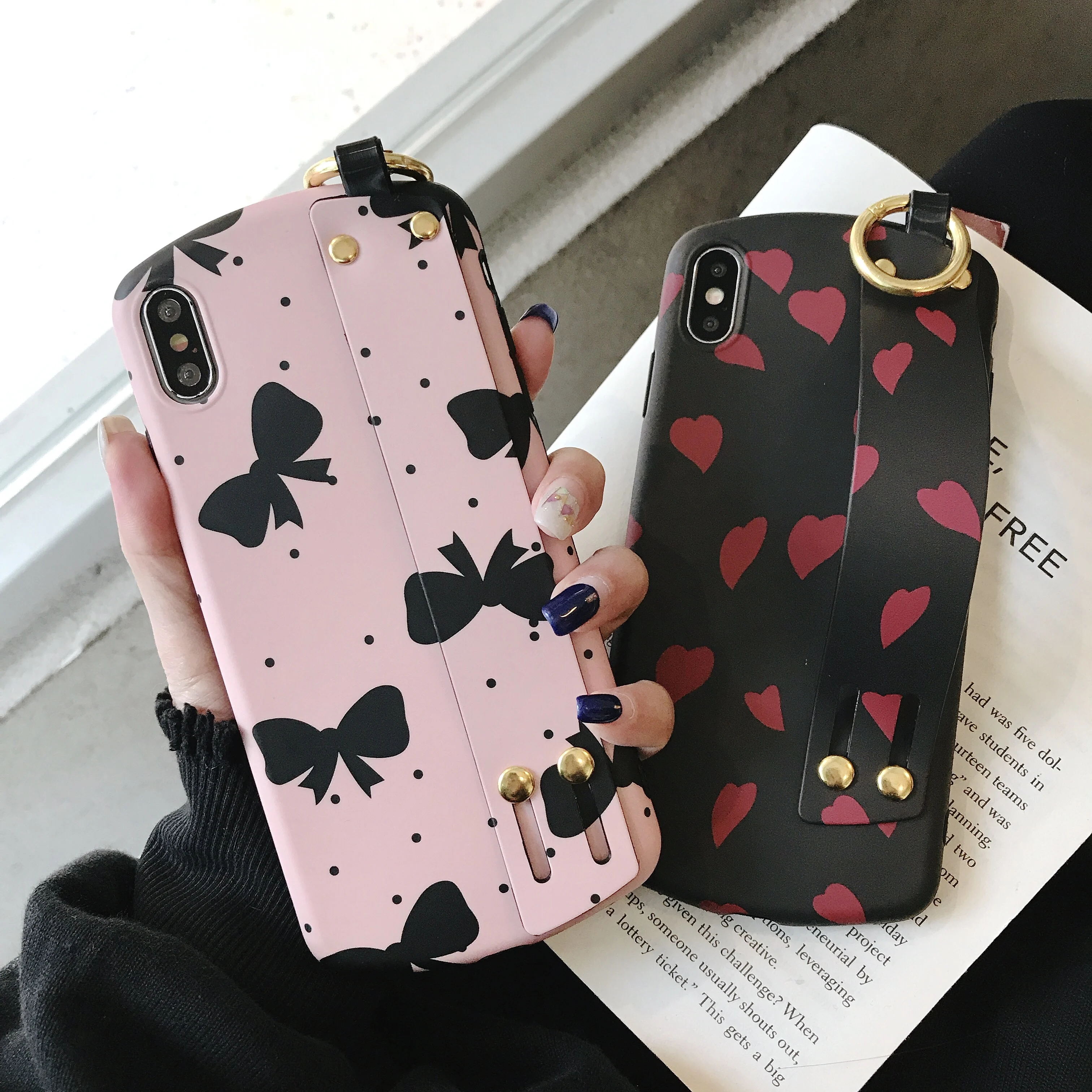 

Bowknot Printed TPU for iPhone Case with Wrist Strap IMD Shock Proof Mobile Phone Cover for iPhone Cases Xr Xs Max X 8