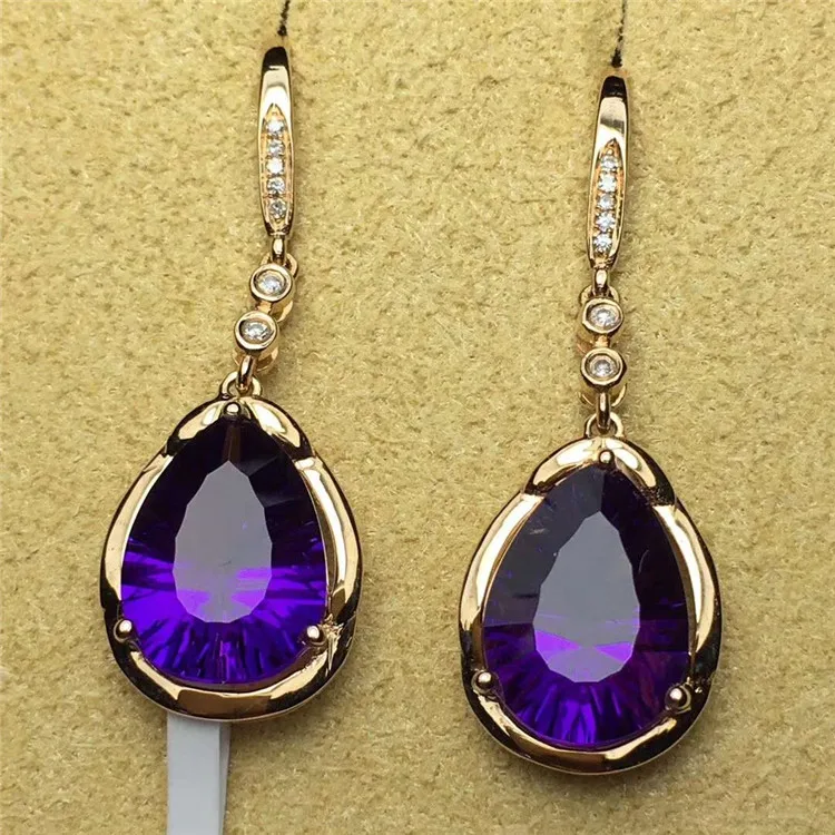 

18k gold South Africa real diamond 4.6ct natural purple amethyst simple pendant earring for women