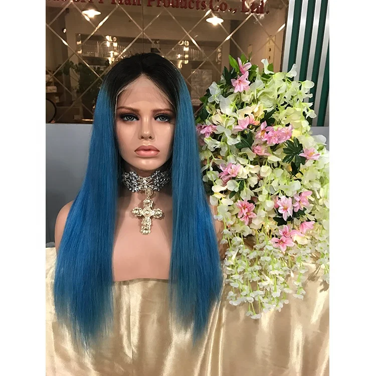 

2019 Hot Selling Ombre 150% Density Blue Lace Front Wig Long Virgin Human Hair Wigs