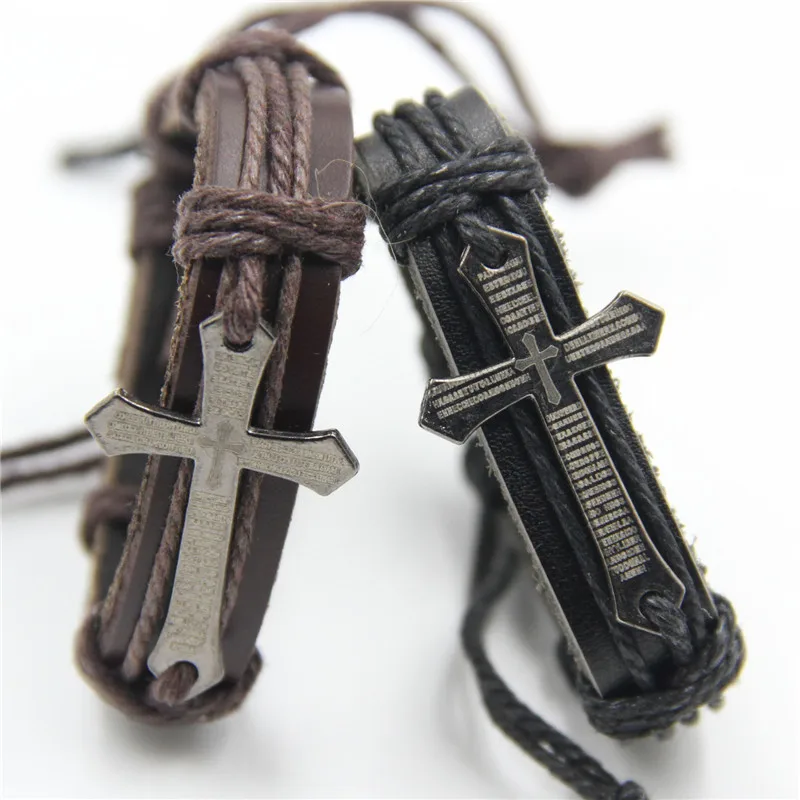 

Leather Alloy bracelet Vintage Punk Rock Strap Wristband bracelet FREE SAMPLE Prayer Faith Cross, As the pictures