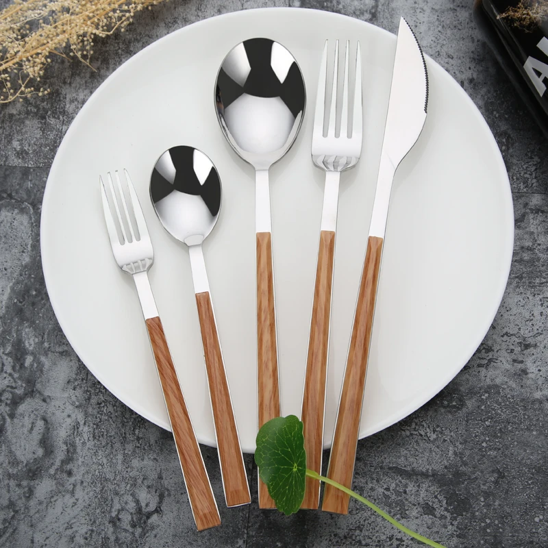 

18/10 Stainless Steel Silver Flatware Set With Black Handle , Plastic Abs Handle Cutlery, Black/wood grain