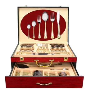 Image of Inox italian flatware 24k gold plated stainless steel silverware, 72pcs cutlery set service for 12, Vintage Gold Flatware