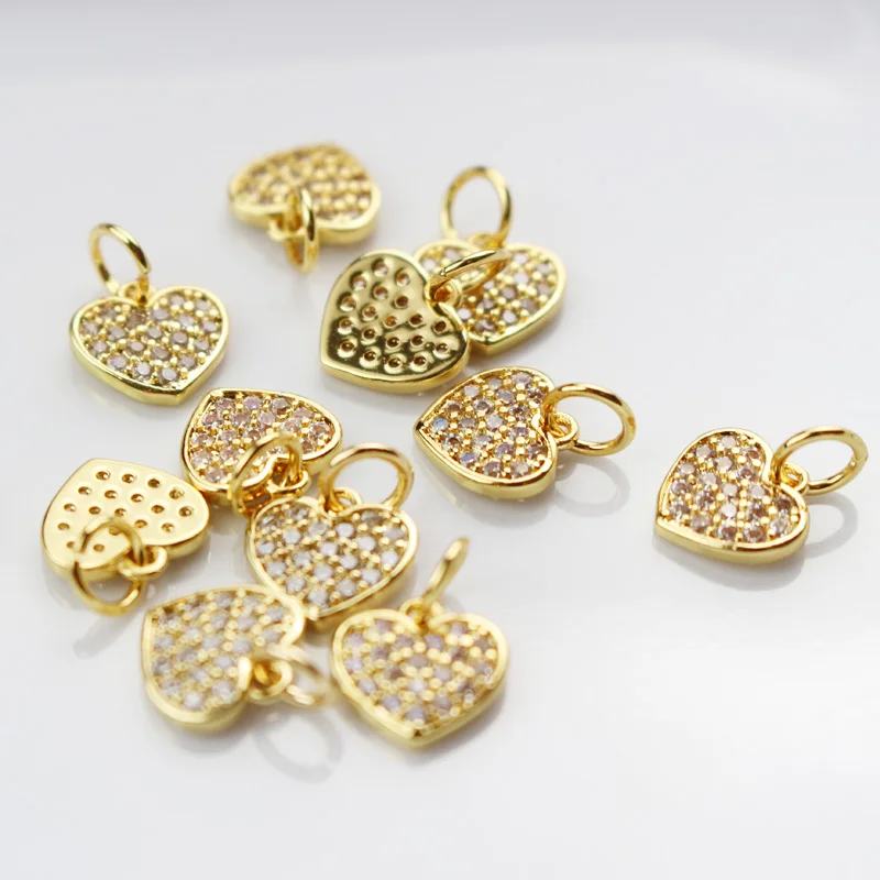 

9mm copper cute floating pendant Gold color CZ Zircon heart charms for making jewelry accessories, Gold plated
