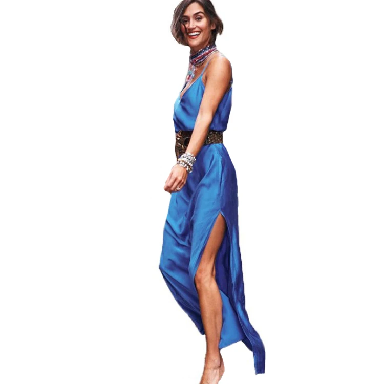 

Blank Satin Side Split Maxi Dress Women, Blue/red/purple/green
