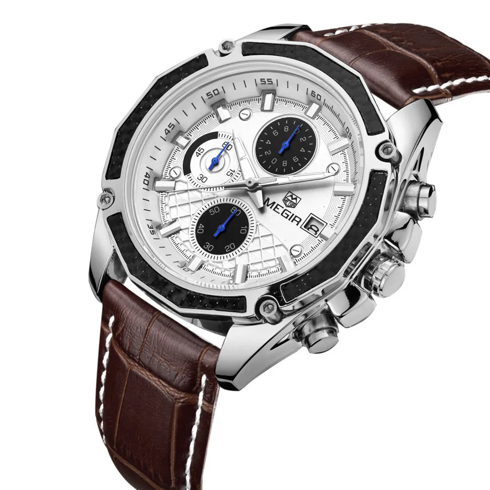 

MEGIR Men Watch 2015 G Hot Luxury Quartz Chronograph Watches Men Wrist Fashion Military Leather Wristwatches Relogio Masculino, Black/brown