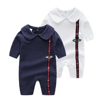 

100% cotton baby romper navy and white color with peterpan collar new style western baby girl clothes with snap back open
