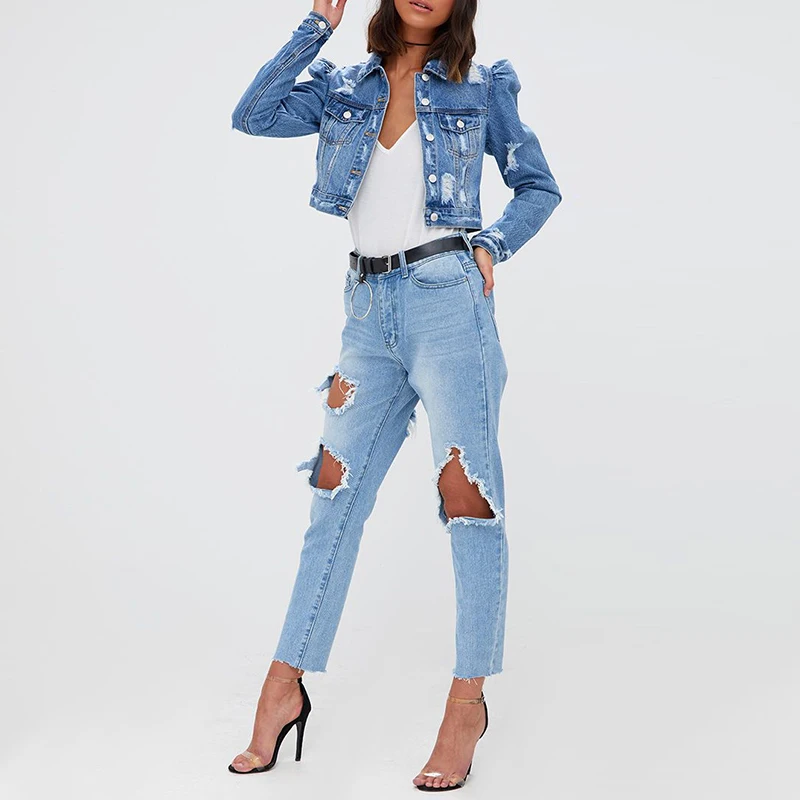 mid wash extreme shoulder cropped denim jacket
