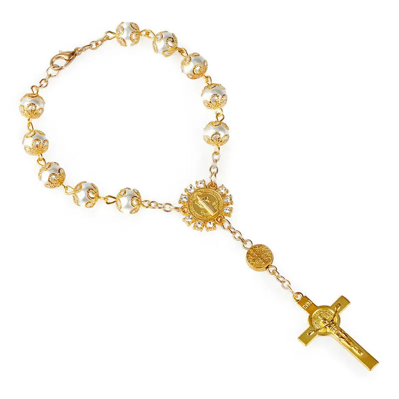 

Popular Gold Plated Luxurious Religious Christian Beaded Bracelet Trendy Romantic Cross Pendant Inset Rosary Bracelet For Women