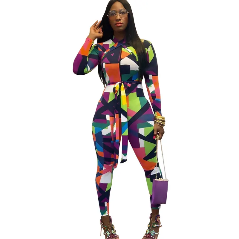 

90327-MX53 New Designs Printed Zipper Womens Jumpsuits With Long Band