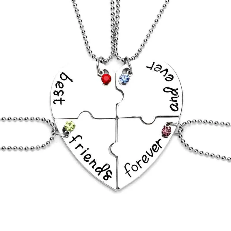 

4 Pcs/set "best friends forever" Rhinestone Broken Heart Shape Bff Necklace Best friend Jewelry Friendship Gift, As picture