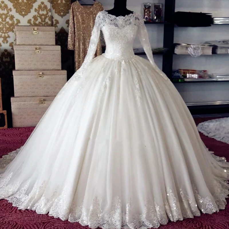

Puffy Modest Princess Ball Gown Wedding Dresses with Long Sleeves, Custom made