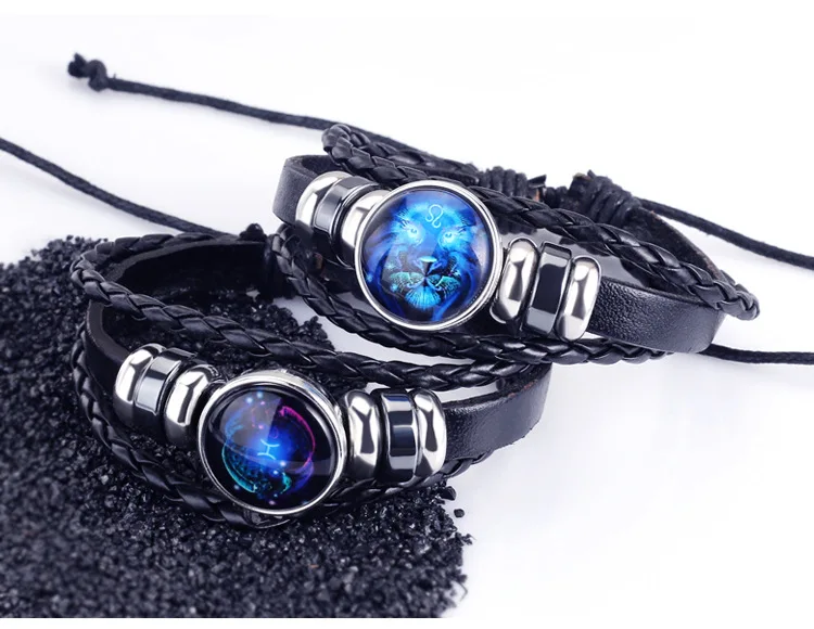 

12 Zodiac Sign Black Braided Leather Bracelet Cancer Leo Virgo Libra Woven Blue Jewelry Punk Men Bracelet, As show