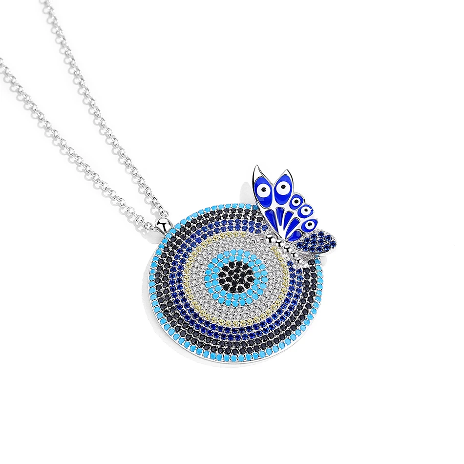 

Best selling 925 Sterling Silver Jewelry Round Colorful Blue Eyes and Butterfly Women Pendant Necklace