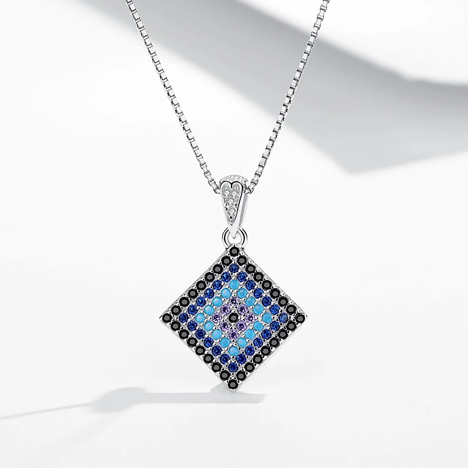 

925 Sterling Silver Necklace with Clear Cubic Zircon Turkish Blue Eye Pendant Necklace