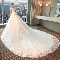 

Tail Luxury Gold Lace Wedding robe de mariage Elegant Bridal Ball Gown Cap Sleeve Long Tail Wedding Dresses