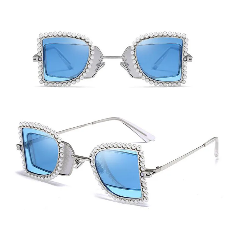 

2019 trendy luxury fashion fold flip clip lens pearl decoration uv400 women holiday steampunk party sunglasses CJ9087 in stock
