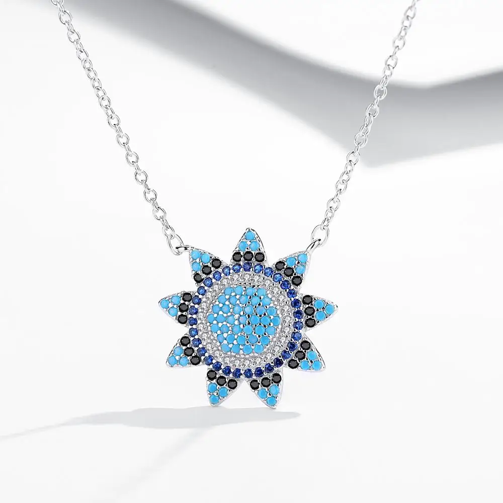 

High quality 925 Sterling Silver Flower Shape Necklace Jewelry Blue Lucky Eyes Necklace For Women Silver Fashion Jewelry Gift