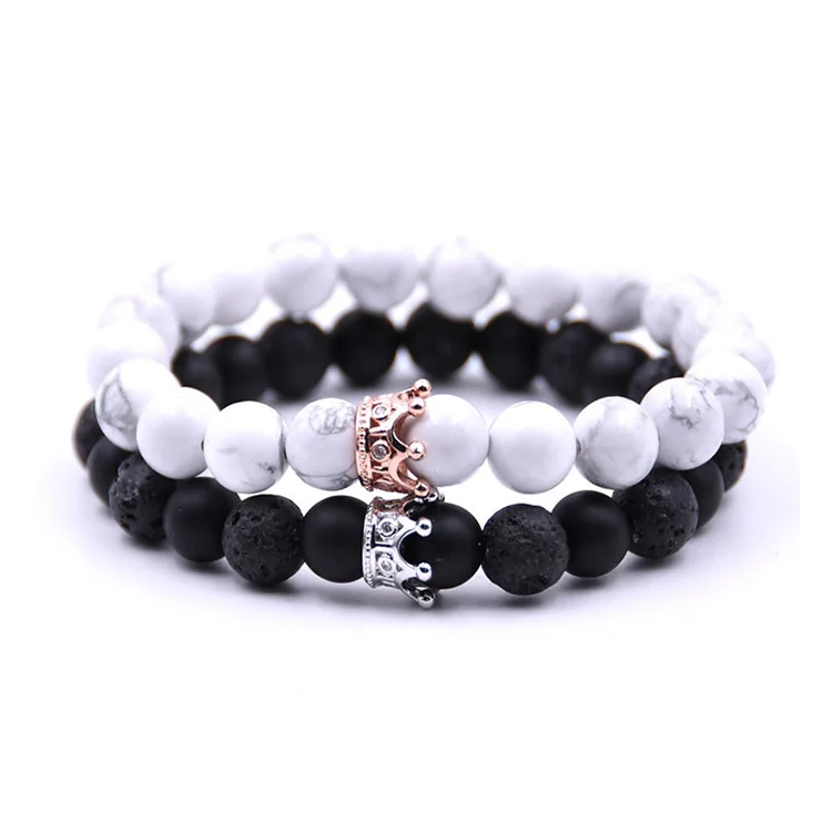 

Trendy Volcanic White Pine Stone Beads Bracelet Gold Silver Color Alloy Crown Bracelet Women Men Couple Bangles Jewelry, As show