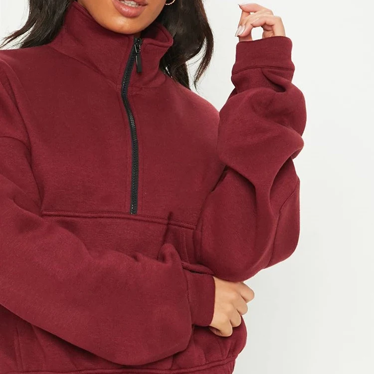 2021 Street wear drop shoulder workout crop top zip up burgundy hoodies for women, Customized color