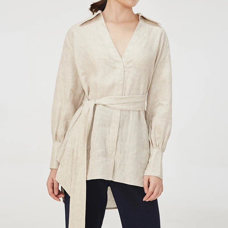 

Custom spring 100% linen casual blouse for women, Khaki