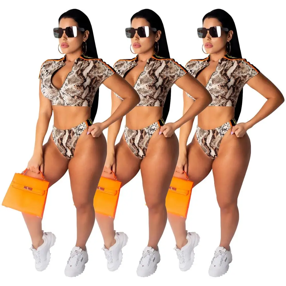 

2021 New Arrivals Fashion Women Zipper Up Short Sleeve Crop Top Panties Snakeskin Printed 2 Pieces Set Bikini Swimwear, Picture show