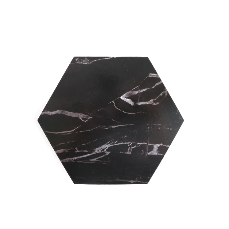 

Wholesale Stock Tabletex New Design Hexagon MDF Paper Printed black Marble Coaster Cork backed Cup Mat