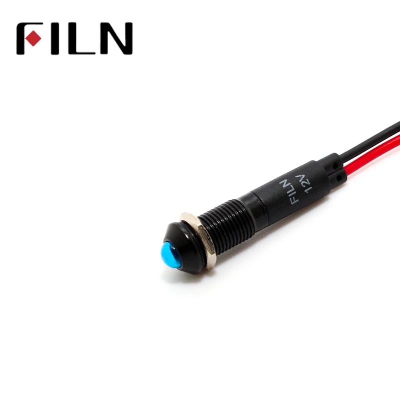 FILN 8mm black housing mini raised head red green yellow blue 12v led inidcator light with 20cm wire