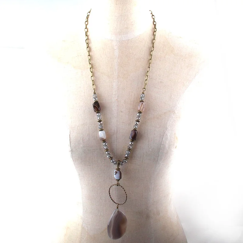 

Women Statement Lady Summer Necklace Natural Stone Drop Pendant Necklace Crystal Glass beads Bronze Chain Necklace