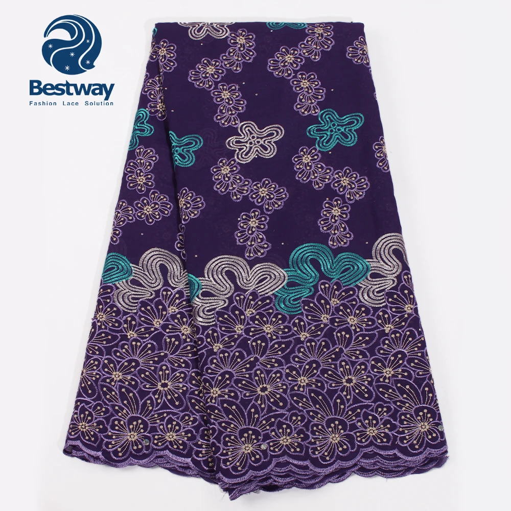 Bestway 100% cotton voile fabric purple rhinestones swiss voile african lace fabric