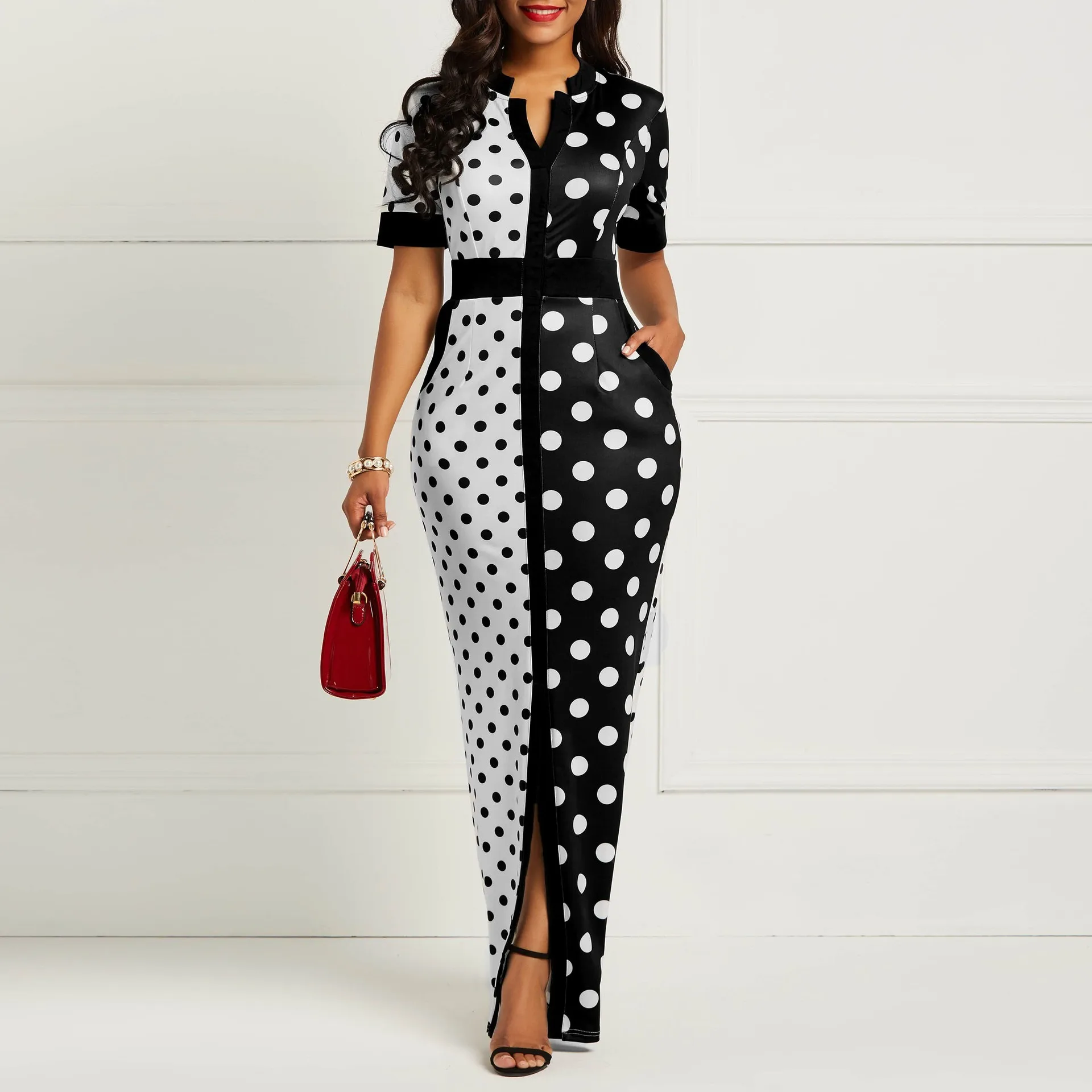 

African Vintage Polka Dot White Black Printed Retro Bodycon Women Summer Short Sleeve Plus Size Split Long Maxi Dress