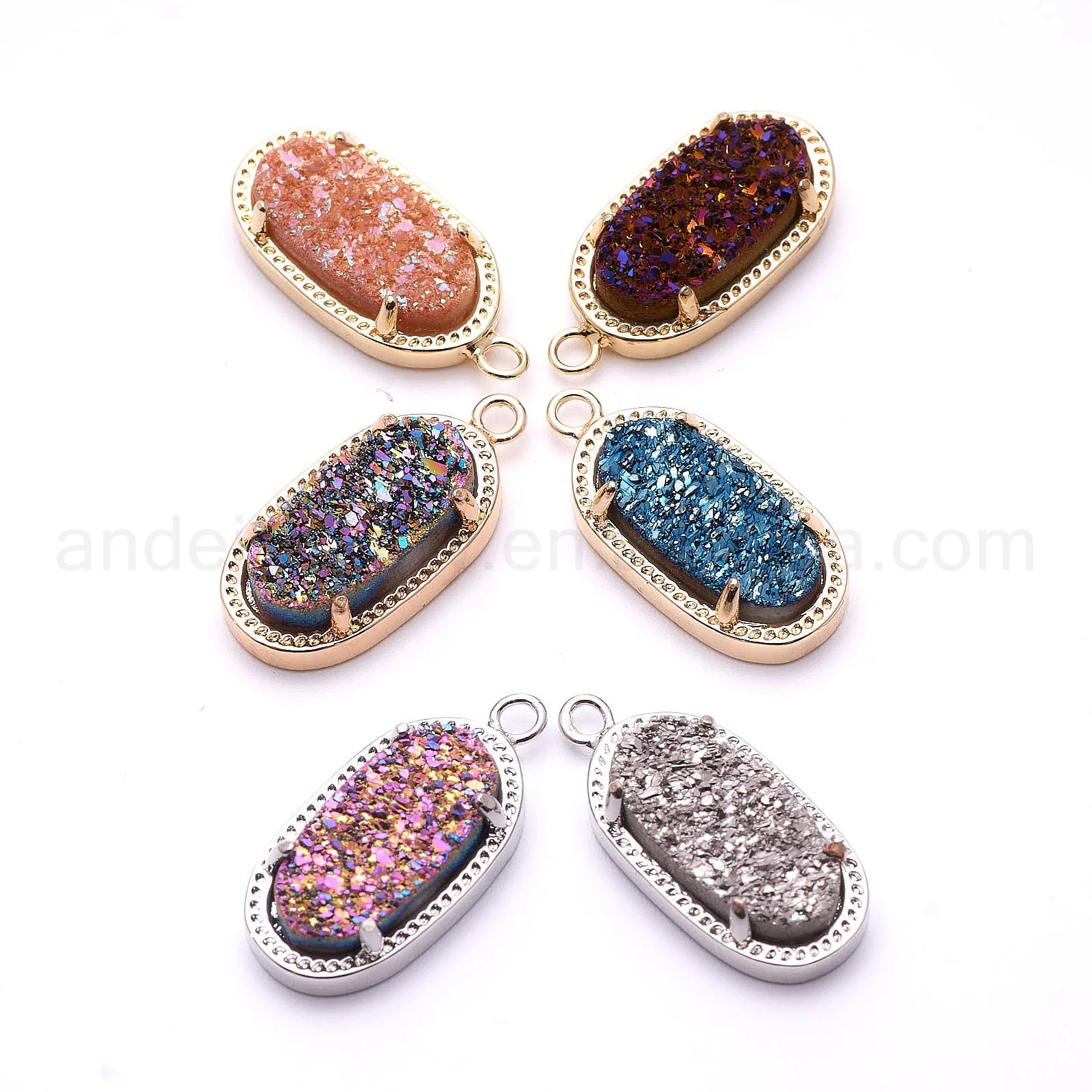 

ANDE-P2001 Wholesales Titanium Plated Natural Druzy Quartz Agate Oval Electroplated Pendant Double Bail, Multi color