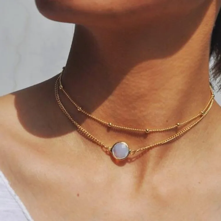 

Fashion Round Crystal Necklaces Opal Choker Pendants for Women Beach Style Statement Jewelry Bijoux, Gold,silver