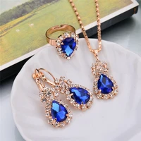 

3 in 1 Gold Chain Water Drop Shape Crystal Earrings Necklace Adjustable Rings Set Women Jewelry Sets