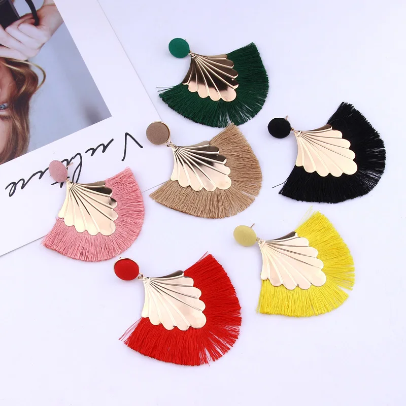 

Newest Fashion Bohemian Creative Gold Plated Leaf Charm Fan Tassel Earrings Custom Women Vintage Fringe Dangle Drop Earrings, As picture