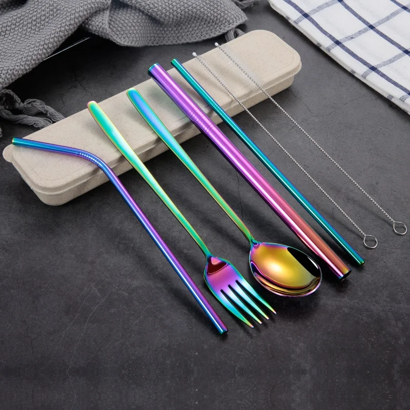 

Eco - friendly 7 piece metal straws spoon fork knife with case carry cutlery set, Silver;gold;black;rose gold;rainbow;blue;purple