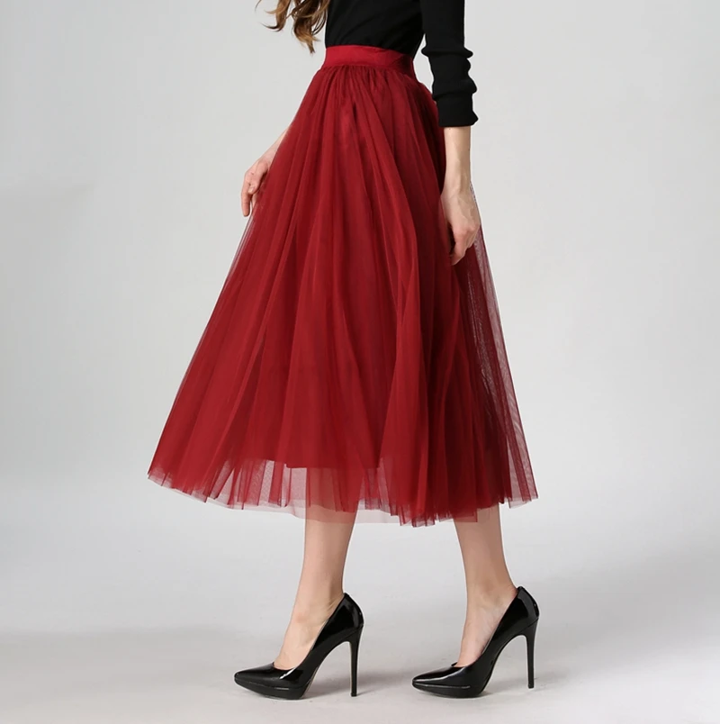 

Stylish Women Elastic Waisted Pleated A-line Mid-calf Length Tulle skirts, Black;red;apricot;gray/customized