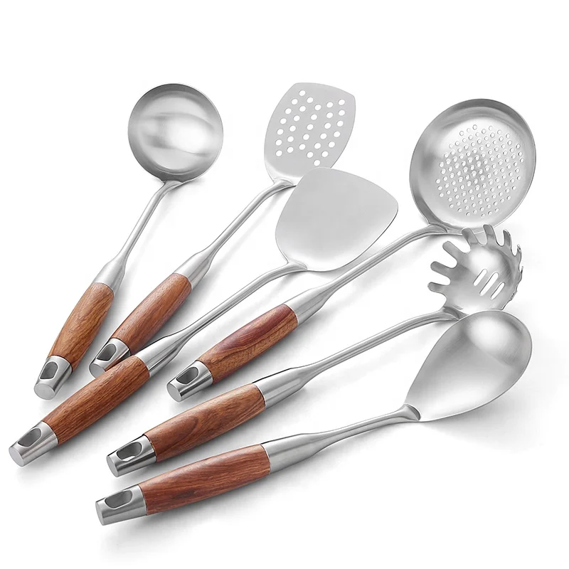 

6pcs Stainless Steel Kitchen Utensils Cooking Tools Non-slip Heat Resistant Cookware Sets With Wooden Hand