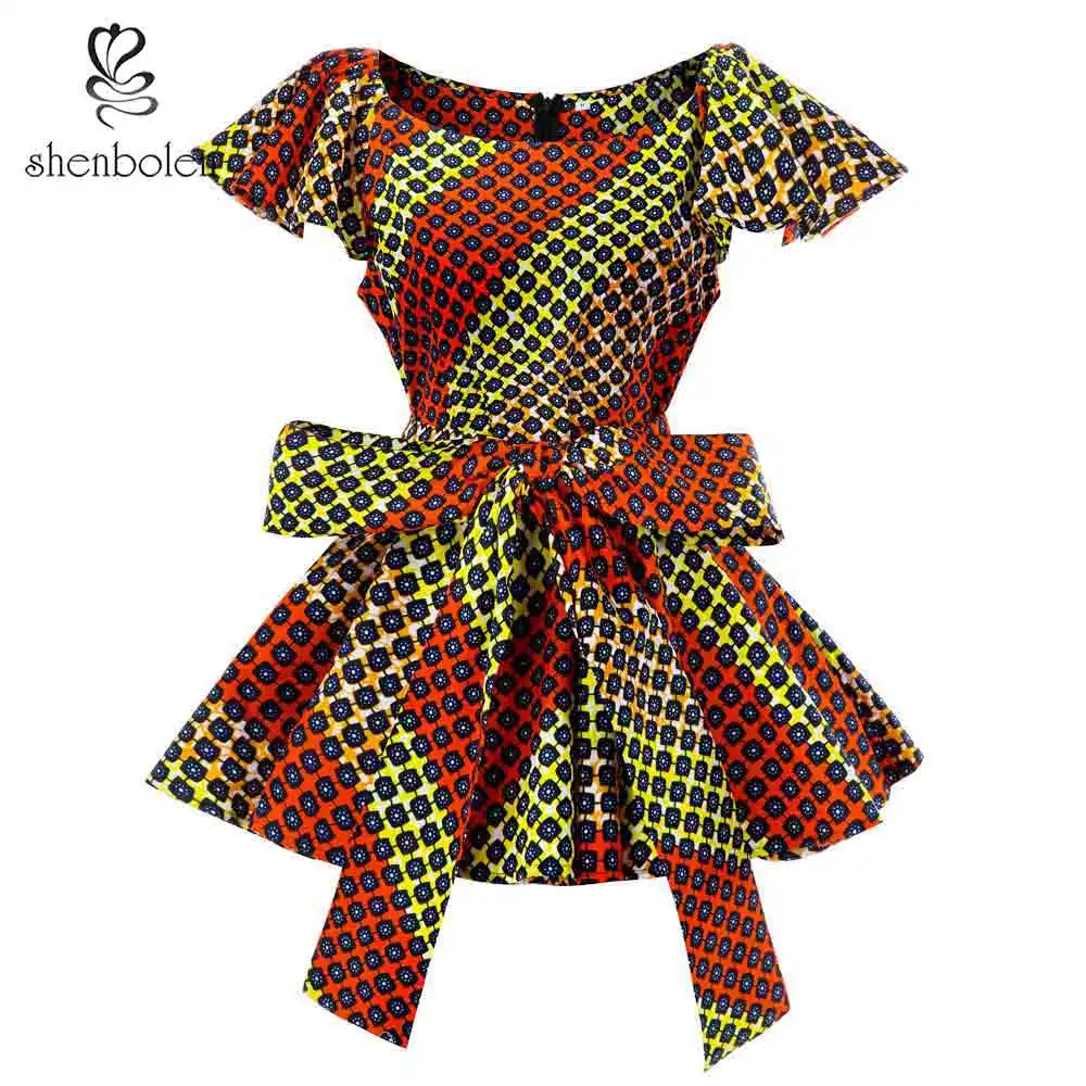 

African Kitenge Top Designs Ankara Short Sleeve With Bow Sashes Women Blouse & Tops, Customized