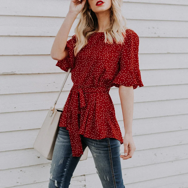 

Summer Polka Dots Short Sleeve Lady Shirts Women Top 2018, Shown