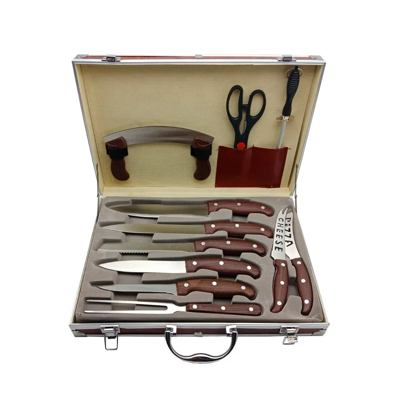 

2018 New arrival cheap China wholesale stainless steel plastic handle knife set for kitchen 25pcs knife gift box kitchen knives, Burgundy wooden texture