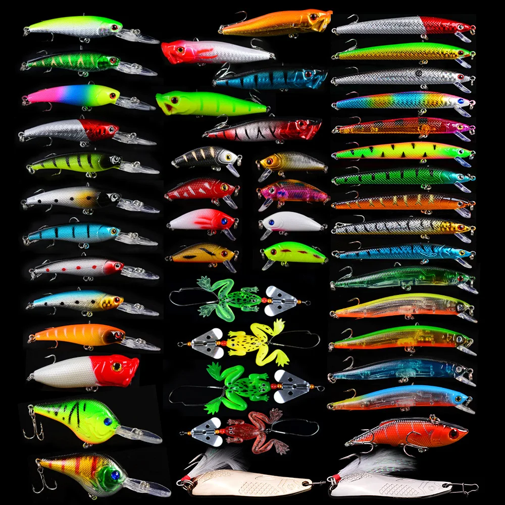 

48PCS/Set Fishing Lures Hard Baits Minnow Wobbler Crankbaits Kits Mixed Colors Treble Hooks Fishing Tackle Hard Bait DWS237, Mix colors