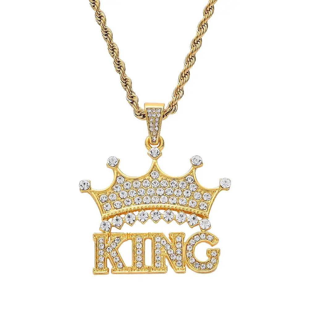 

European New Arrival Hips Hops Pendant Necklace Silver Gold Pave Shiny Diamond King Crown Necklace