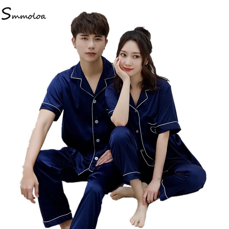

Smmoloa Couple Short Sleeve Silk Pajamas  Men Summer Pajama Sets Silk Sleepwear Pyjamas, Red;blue