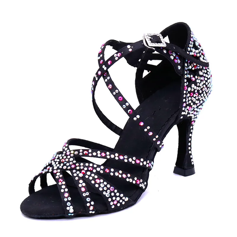 
new products 2020 satin Dance Shoes Upper rhinestones dancing shoes women ballroom heels Latin dance shoes Customize the heel 