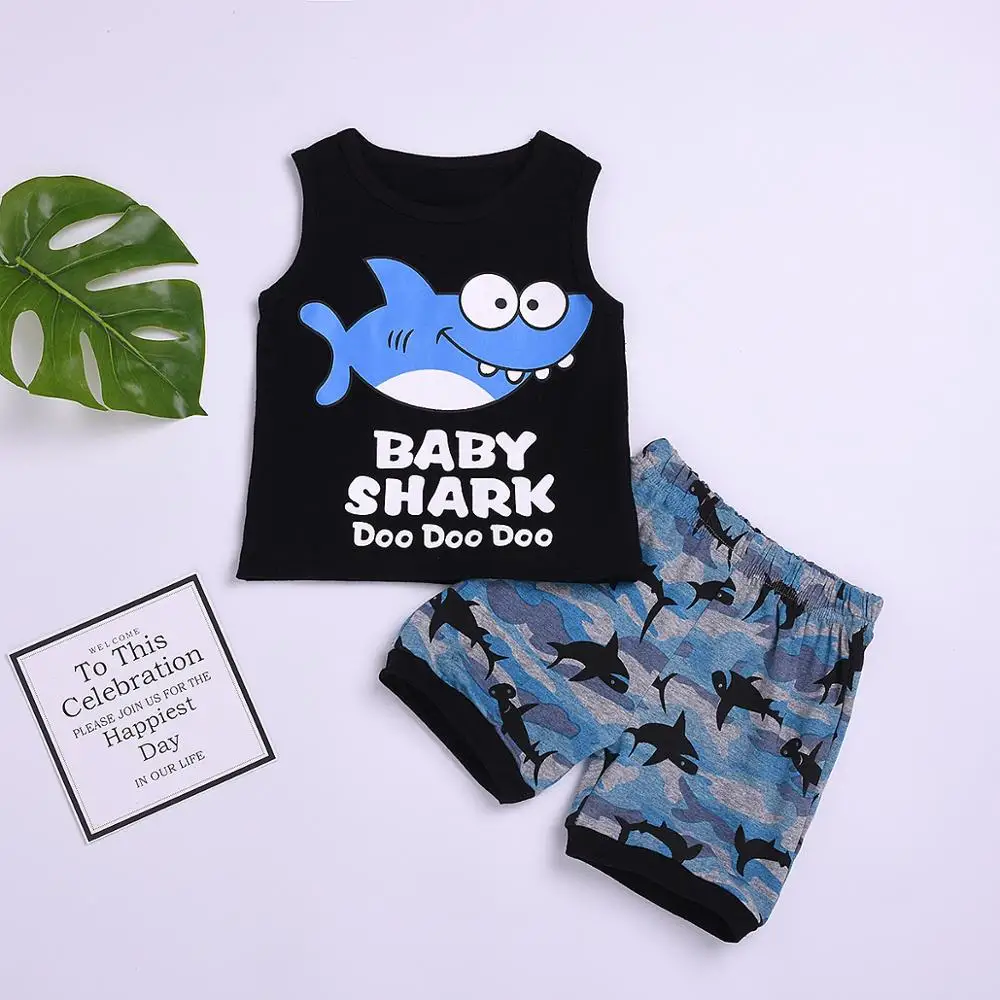 

1-5Y Summer Toddler Kids Baby Boy Clothes Shark Print Sleeveless Vest Tops Shorts Pant Bottom 2PCS Boys Clothing Set, As picture