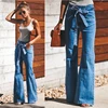 Flare Jeans Women High Waist Blue Jeans Wash Vintage Wide Leg Belted Stretchy Denim Jeans Women