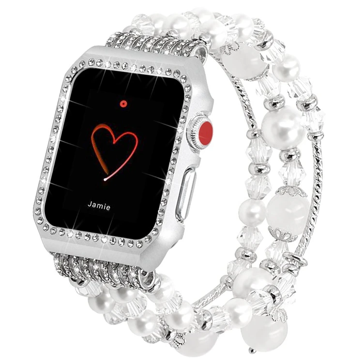 

For Apple Watch Band with Case,Fashion Carmelian Strap with Bling Metal Frame, White/gray/rose gold