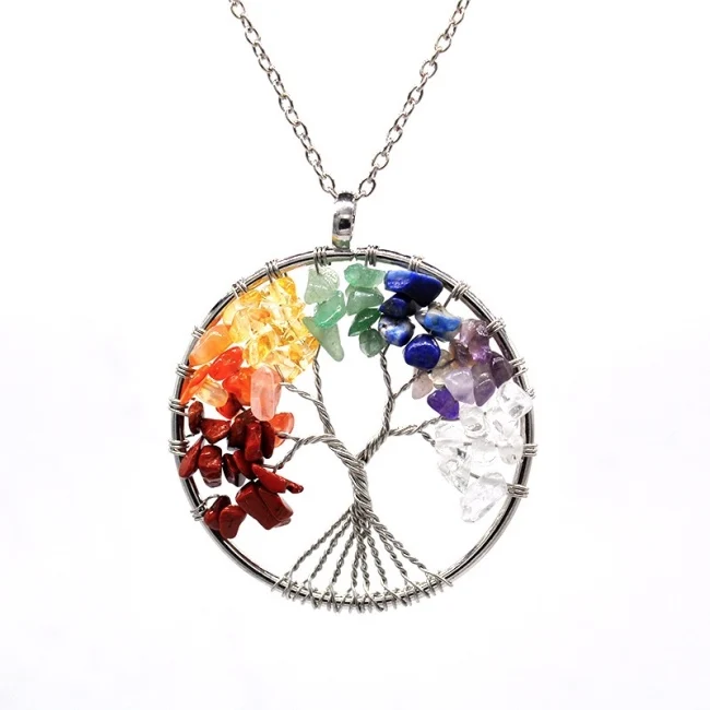 

7 Chakra Pendant Colorful Amethyst Stone Tree Of Life Leather Chain Necklace