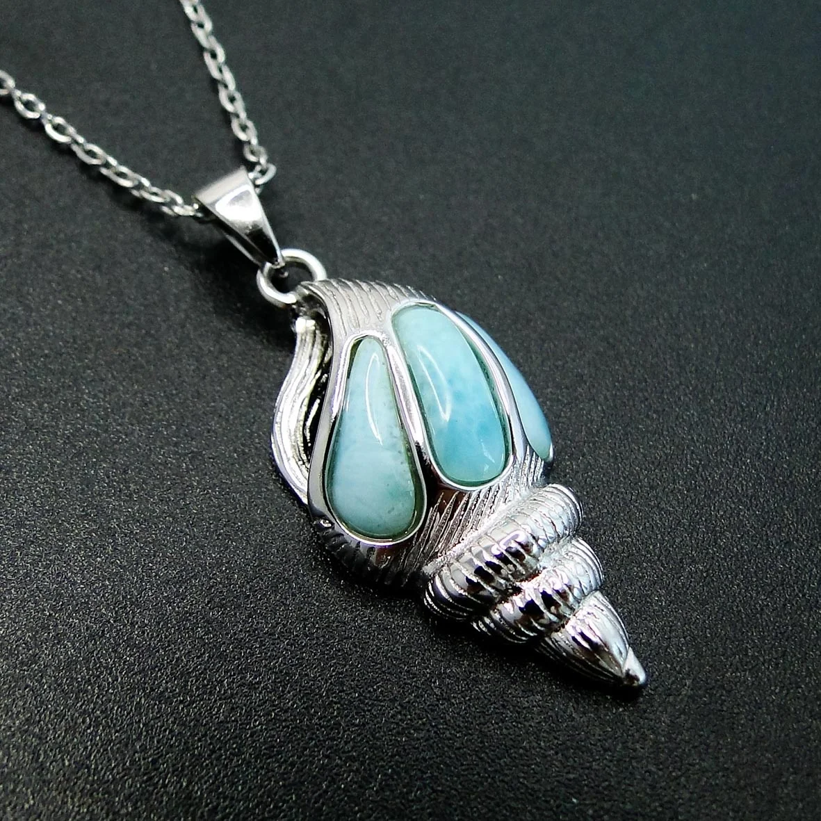

925 Sterling Silver Natural Larimar Conch SeaShell Necklace Pendant