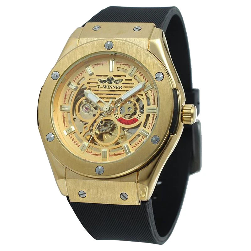 

WINNER 389-2 Fashion Leisure Men's Watch Hollow Large Dial Silicone Band Full Automatic Skeleton Flywheel Mechanical Wrist Watch